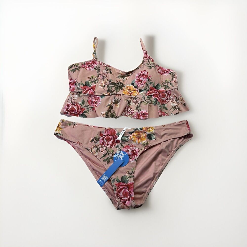 Cupshe Bikini Set XL Pink Floral Ruffle Top Romantic Cottagecore NWT 2-Piece